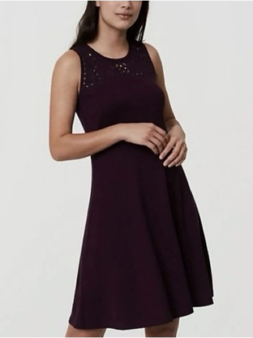 LOFT Plum Sleeveless Fit & Flare Dress Embroidered Neckline Size 6
